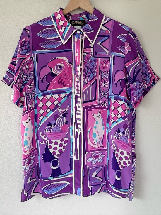 Bob Mackie Tops - BOB MACKIE S Silk Wearable Pop Art Animal Button Down Shirt Cat Fish Bird Blouse